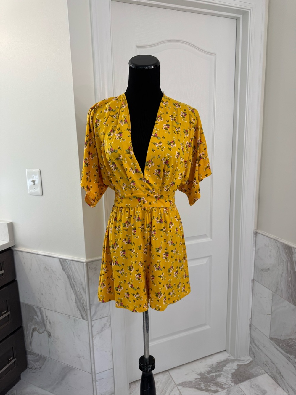 Windsor Mustard Yellow Floral Wrap Romper Dress